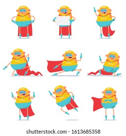 Cute fat superhero characters vector cartoon set isolated on a white background.