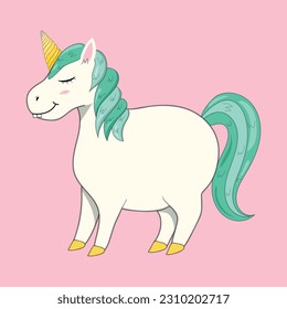 Cute fat unicorn. Cartoon illustration of fairy animal. Unicorn with blue hair. Childrens magic poster