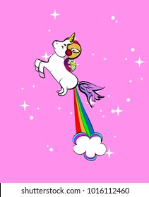 Cute fat unicorn farting rainbow. Funny vector cartoon illustration