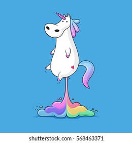 Cute fat unicorn farting rainbow funny vector cartoon illustration