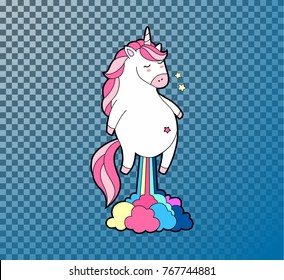 Cute fat unicorn farting rainbow. Unicorn isolated vector icon. Fantasy horse sticker, patch badge. Cute magic cartoon animal. Rainbow horn, pink hair. Dream symbol. Design for child