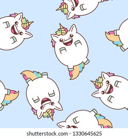 Cute Fat Unicorn Flying Seamless Pattern, Vector Illustration