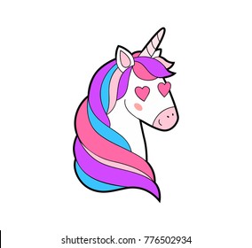 Cute fat unicorn in love print. 
Enamored Unicorn isolated vector icon. Fantasy horse sticker, patch badge. Magic cartoon animal. Rainbow horn, pink hair. Dream symbol. 