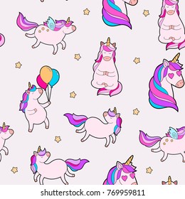 Cute fat unicorn pattern. Unicorn seamless pattern vector child design. Fantasy horse sticker fabric design. Cute magic cartoon animal. Rainbow horn, pink hair. Dream print