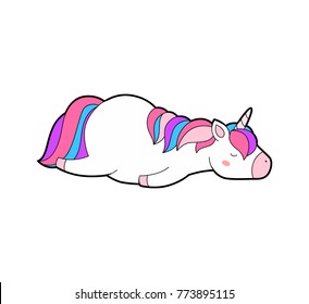 Cute fat unicorn sweet dreams print. Sleep Unicorn isolated vector icon. Fantasy horse sticker, patch badge. Magic cartoon animal. Rainbow horn, pink hair. Dream symbol. 