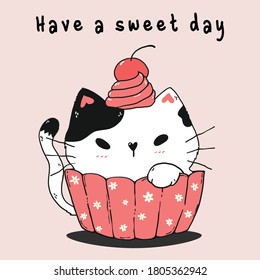 cute fat white cat in pink muffin with daisy pattern, whip cream and cherry on head, idea for greeting card, printable, wall art, nursery, kid