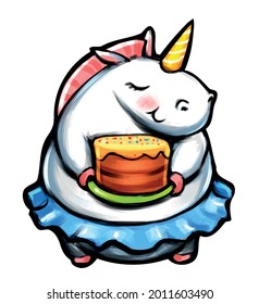 cute fat white round unicorn holding a cake shy congratulates happy birthday vector illustration