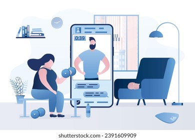 Cute fat woman doing fitness with dumbbells. Body positive girl sits on bench and is engaged in an exercise. Male instructor on smartphone screen. Technology of virtual gym. Home interior. flat vector