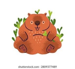 Cute fat wombat eats fresh green leaves. Funny animal glutton sits in comic pose. Kawaii overfed character of little bear. Overeaten plump rodent. Flat isolated vector illustration on white background