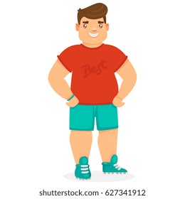 Cute fat young man, before weight loss in sportswear, cartoon character, isolated, flat vector illustration.
