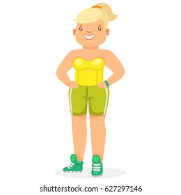 Cute fat young woman, before weight loss in sportswear, cartoon character, isolated, flat vector illustration.