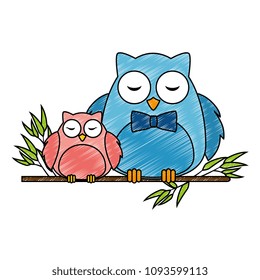 cute father and daughter owls in branch characters