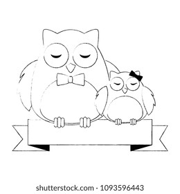 cute father and daughter owls with ribbon characters