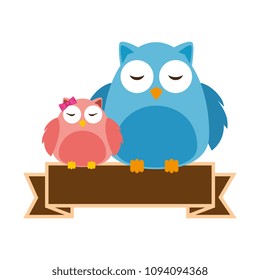 cute father and daughter owls with ribbon characters