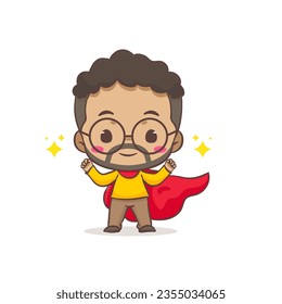 Cute father as hero with red cloak cartoon character. African man wearing glasses concept design. Flat chibi cartoon style. Vector art illustration. Isolated white background