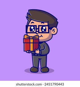 cute father holding a gift cartoon illustration. Study icon concept. Flat cartoon style