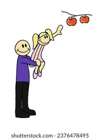 Cute father holding up her little daughter in his arms while she picks an apple from a tree. Colorful Cartoon hand drawn characters vector illustration isolated on white background.