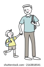 Cute father holding little son's hand, walking back home together. Cheerful boy holding dad's hand walking back home after school. Father and child walking hand in hand. Man and kid walking together.