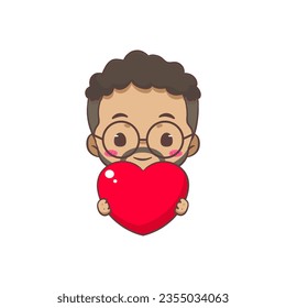 Cute father holding love heart cartoon character. African man wearing glasses concept design. Flat chibi cartoon style. Vector art illustration. Isolated white background