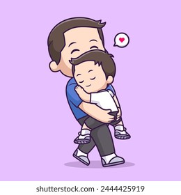 Cute Father Hug Son Cartoon Vector Icon Illustration. People Holiday Icon Concept Isolated Premium Vector. Flat Cartoon Style
