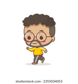 Un padre lindo trotando con un personaje de caricatura. Hombre africano con diseño de concepto de gafas. Estilo de dibujos animados de chbi plano. Ilustración de arte vectorial. Fondo blanco aislado