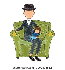 cute father lifting baby in sofa
