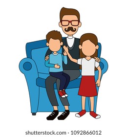 cute father lifting children in sofa