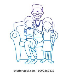 cute father lifting children in sofa