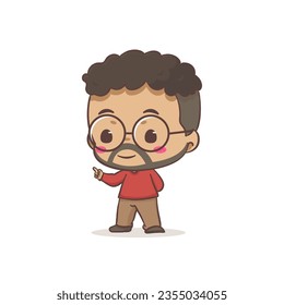 Cute father posing pointing hand cartoon character. African man wearing glasses concept design. Flat chibi cartoon style. Vector art illustration. Isolated white background