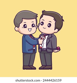 Lindo Padre Puso Corbata En El Hijo Ir Al Trabajo Ilustración De Icono De Vector De Dibujos Animados. Personas Festiva Icon Concept Vector de Premium aislado. Estilo plano de dibujos animados