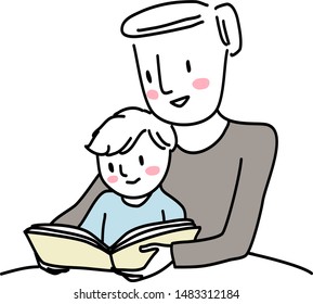 Cute father reading bedtime story with little boy. Man reading a storybook to his son. Little boy reading a storybook together with dad. Man spending happy family time with his little child.