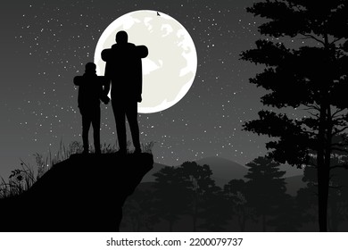 cute father and son silhouette landscape