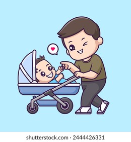 Lindo Padre Con Hijo En Cochecito De Dibujos Animados Ilustración Icono De Vector. Personas Festiva Icon Concept Vector de Premium aislado. Estilo plano de dibujos animados