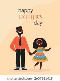 Cute Fathers Day card art of a happy Black father and daughter. Warm colors, joyful expressions, and fun text design. Ideal for greetings, prints, and family themed projects