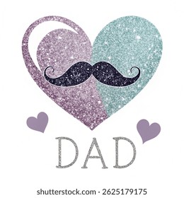  Cute Father`s Day card as big glitter heart with mustache isolated on white background.Vector illustration 