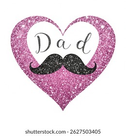  Cute Father`s Day card as big glitter heart with mustache isolated on white background.Vector illustration 