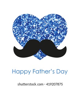Cute Father's Day card as big glitter heart with mustache isolated on white background