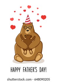 Cute Father's Day card with funny cartoon characters of Dad Bear and his baby