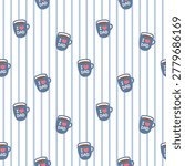 Cute Fathers Day Coffee Mug Seamless Pattern with Blue Striped Background