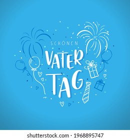 Cute Father's Day design in german language saying "Happy Father's Day", hand drawn doodles, gift boxes, balloons, confetti - great for banners, wallpapers, cards, image covers - vector design