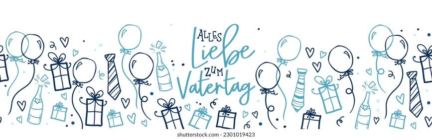 Cute Father's Day design with german text "Happy Father's Day", hand drawn doodles, gift boxes, balloons, confetti - great for banners, wallpapers, cards, image covers - vector
