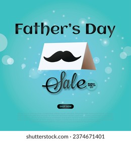 Cute Father's day sale banner on light blue background, vector illustration. 