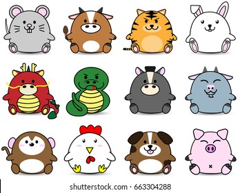 Cute Fatty cartoon of Chinese zodiac horoscope animal sign collection set