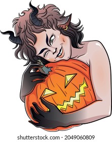 Cute faun holding a halloween pumpkin