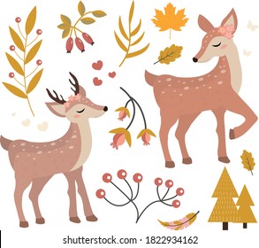 Cute fawn in the autumn forest set of objects. Collection of design elements with little deer, autumn plants, flowers. Kids baby clip art funny smiling animal. Vector illustration