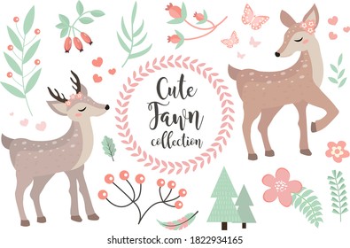 Cute fawn character set of objects. Collection of design elements with little deer, plants, flowers. Kids baby clip art funny smiling forest animal. Vector illustration