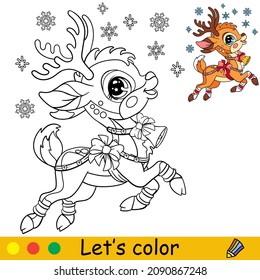 Cute fawn in a Christmas hat with presents. Cartoon deer character. Vector isolated illustration. Coloring book with colored exemple. For card, poster, design, stickers, decor,kids apparel