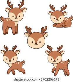Conjunto de personagens de desenhos animados de veados de cervo. Coleção de ilustrações adoráveis de veados bebê em várias poses amigáveis (em pé, sentado, correndo, deitado, e rosto apenas).