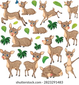 Cute Fawn Deer Vector Character Set with Baby Deer in Various Poses Sleeping Running and Sitting with Tropical Leaves Isolated on White Background