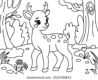 Uma corça fofa em uma clareira de floresta. Desenho para coloração. Ilustração do contorno vetorial isolada em um fundo branco. A página do livro de colorir para crianças.